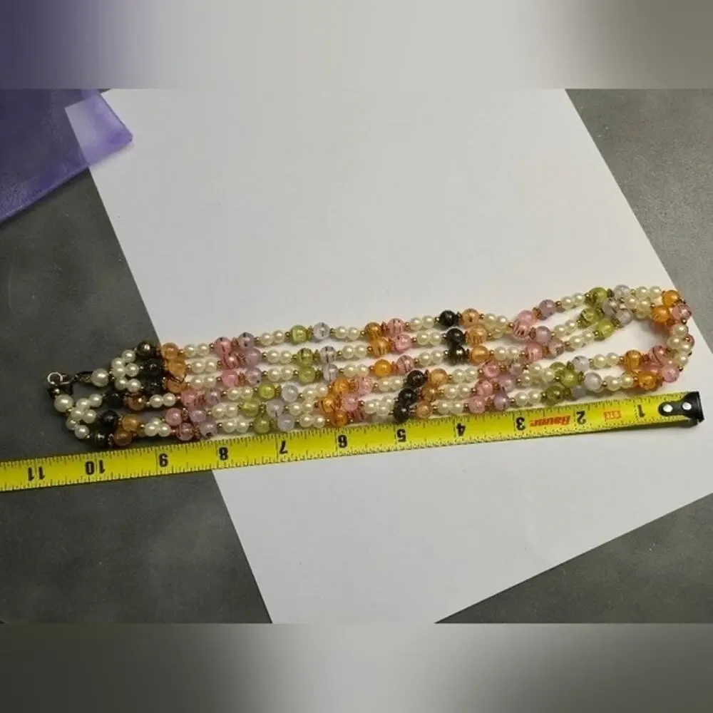 Treska Vintage Style Triple Strand Multicolor Faux Pearl Pastel Bead Necklace